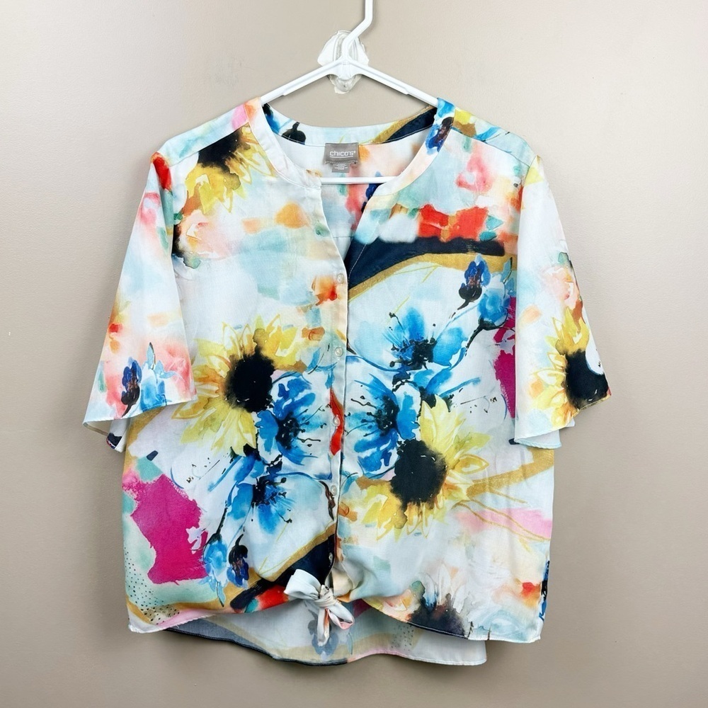Chico's Button Down Tie Front Floral Watercolor Top Size 3 (XL/16) Artist